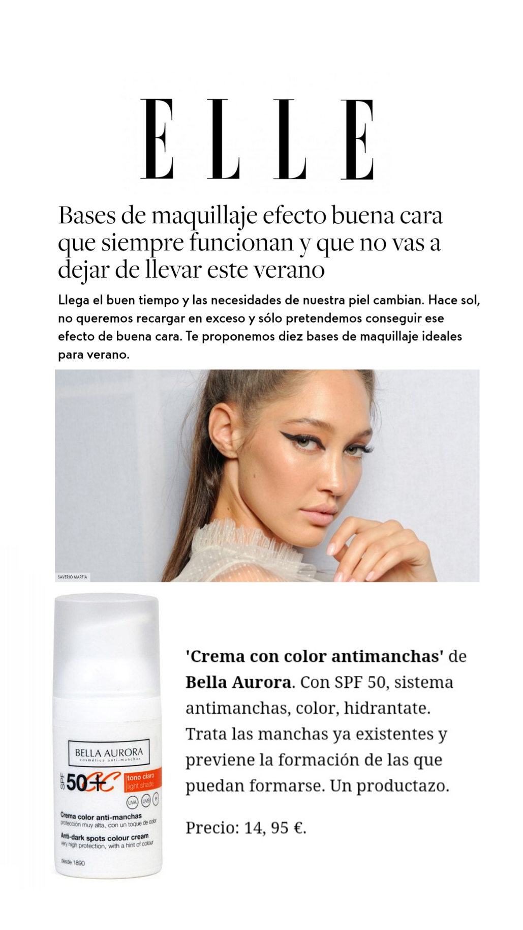 ¡Elle se enamora de la CC Cream SPF50+ de Bella Aurora!