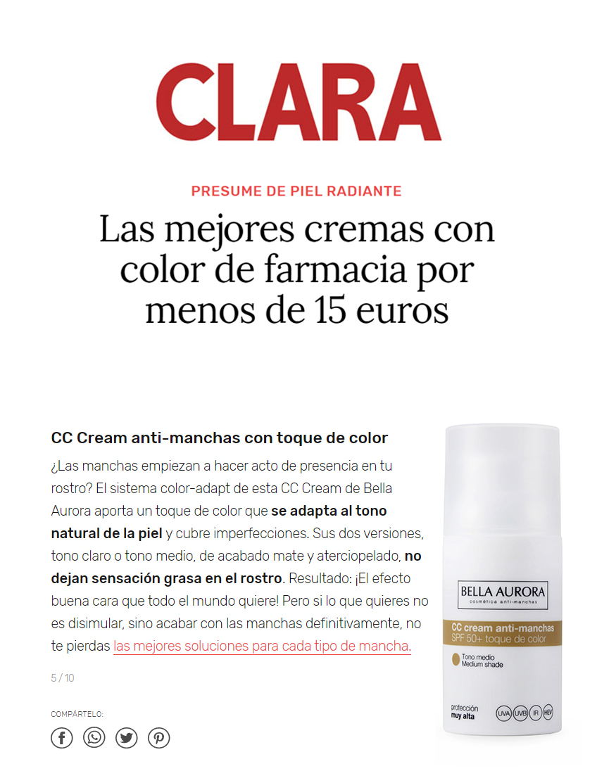 La CC Cream de Bella Aurora, escogida como una de las mejores cremas con color por la revista Clara